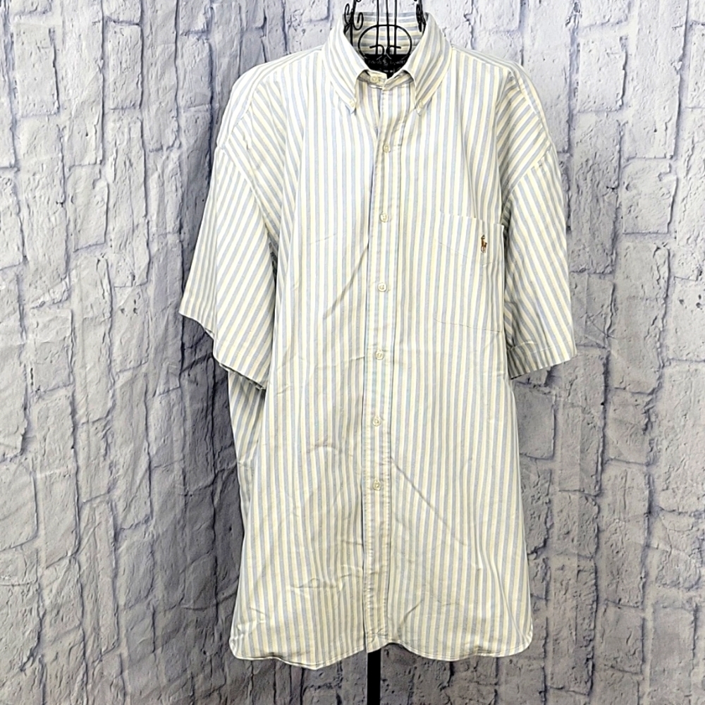 RALPH LAUREN Blue/White/Yellow Striped Oxford Collar White Pony Shirt XXL